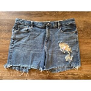 LOFT Women's Distressed Denim Shorts Frayed Hem Patch Detail Medium Wash Sz 12